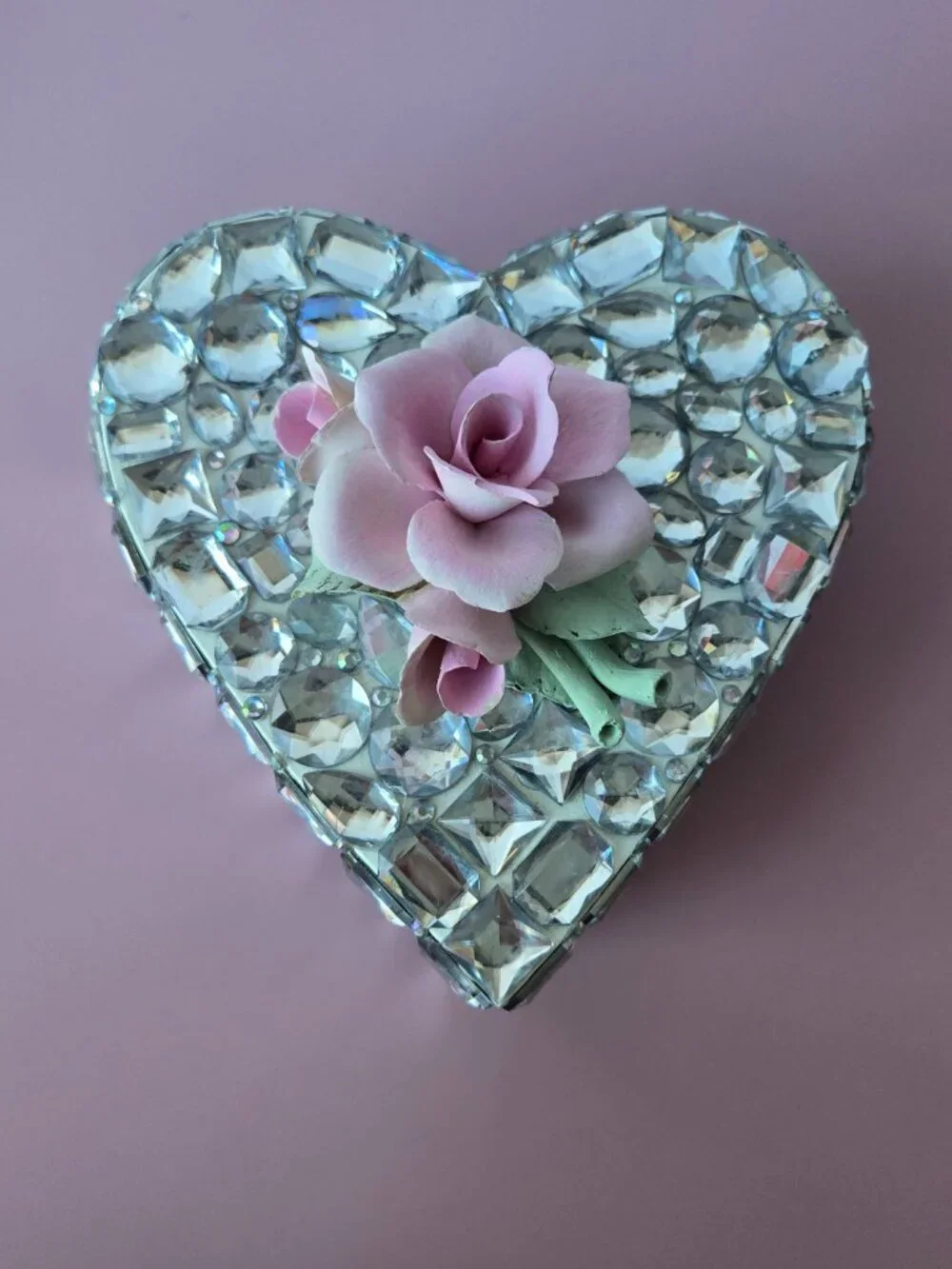 Crystal Jewel and Pink Porcelain Heart Shape Accessory Storage Box  Cottagecore